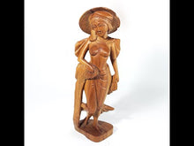Cargar y reproducir el video en el visor de la galería, Escultura Antigua Madera Tallada Dama Asiática Vintage 30 cm