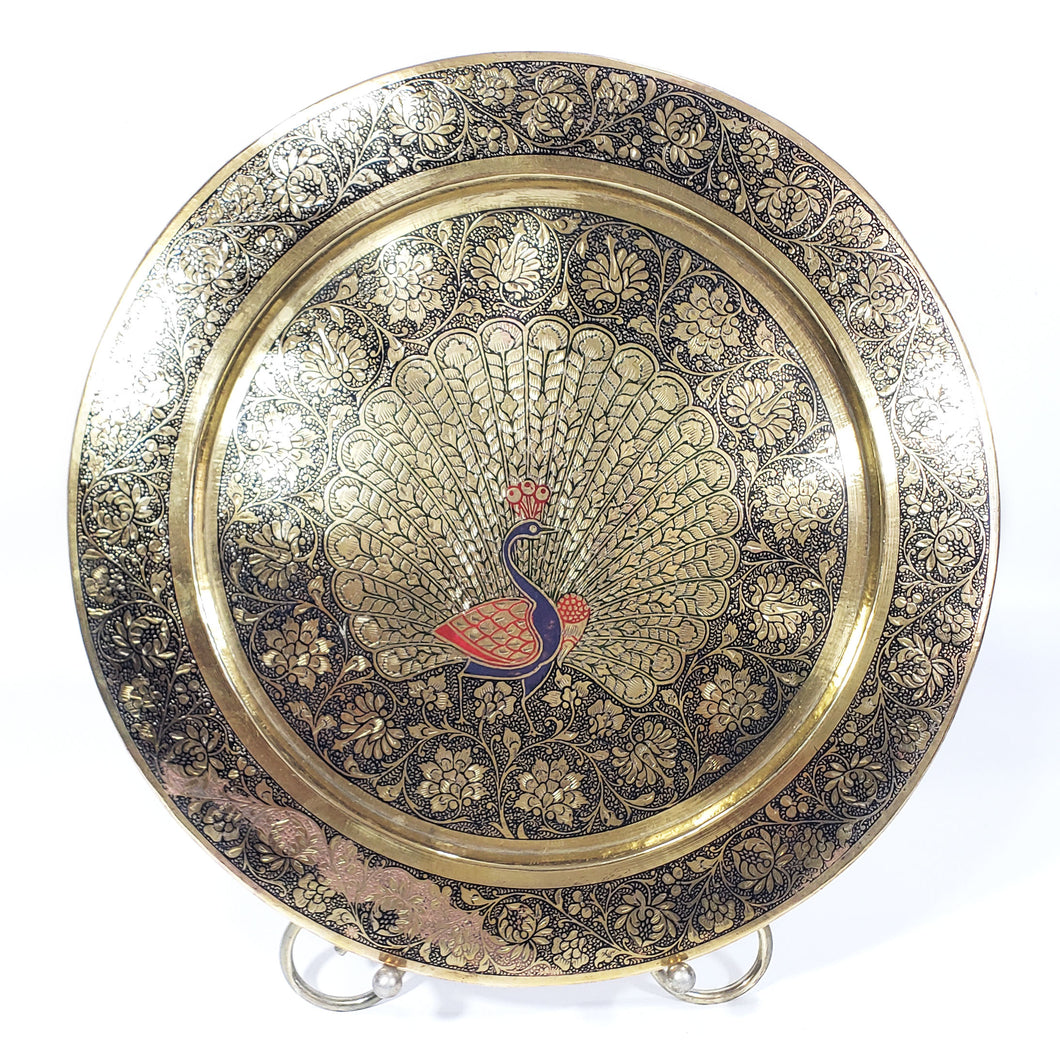 Antiguo Plato Decorativo Pavo Real Cobre India Grabado 29 cm