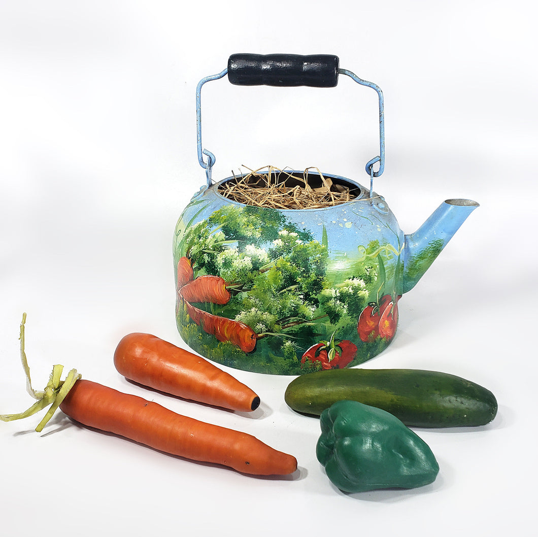 Tetera Decorativa Antigua Pintada Óleo Cosecha y Vegetales