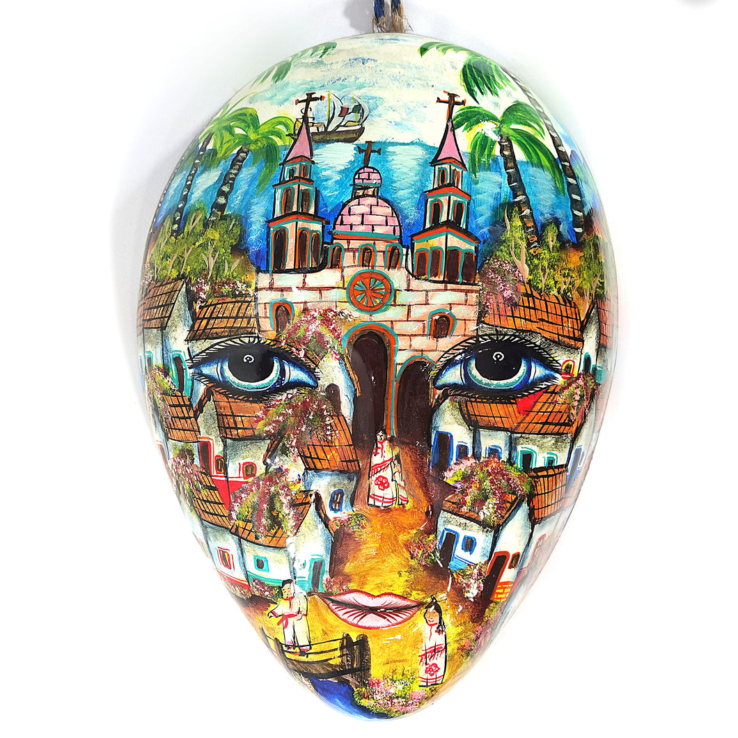 Máscara Mexicana Paisaje Artesanía Fibra Vidrio Grande 54 cm